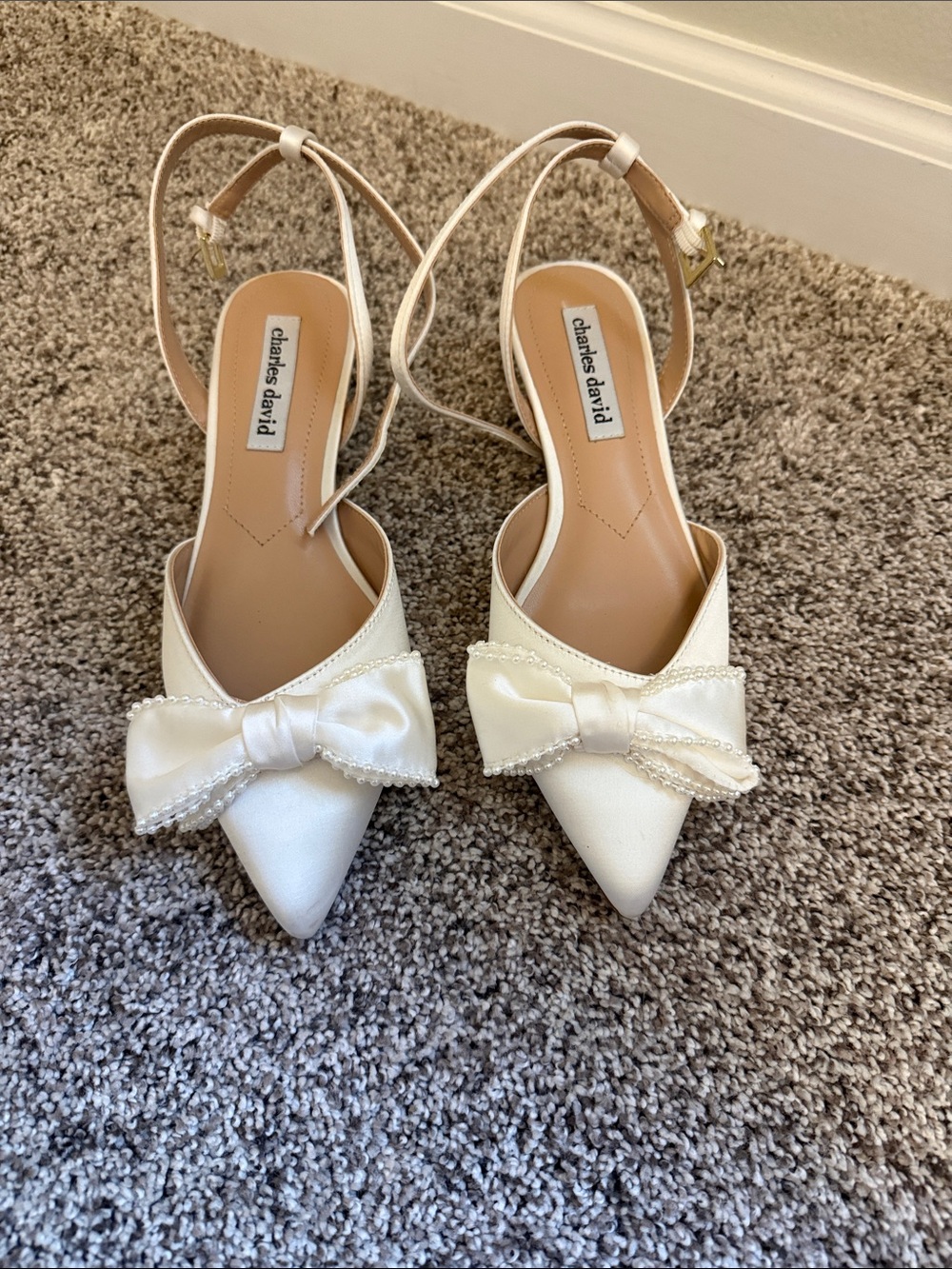 Charles David Ivory Satin Pointed-Toe Bow Slingback Heels